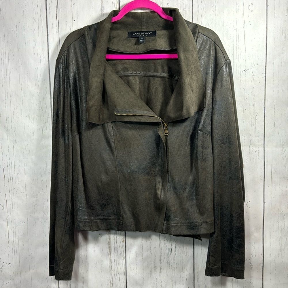 Lane Bryant Olive Green Motorcycle Zip Jacket Faux Suede Asymmetrical Stretchy